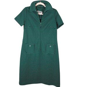 Vintage One Way Striped Dress 14 Green Retro Mod Classic Chic Preppy Active 70s